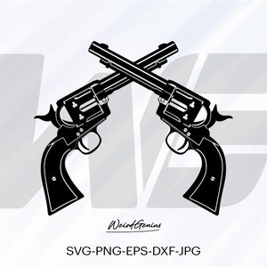 May include: A black and white illustration of two crossed revolvers. The revolvers are silhouetted against a white background.