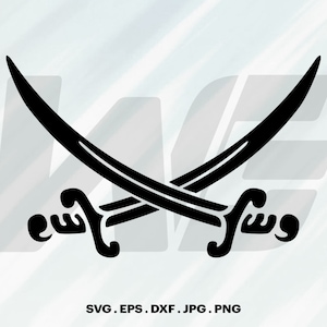 May include: A black silhouette of two crossed swords with ornate handles. The swords are in a symmetrical X shape.