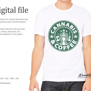 Może przedstawiać: Biały T-shirt z zielonym logo, na kt&oacute;rym widnieje napis "Cannabis & Coffee". Logo jest parodią popularnego logo kawiarni. Logo przedstawia kobietę z długimi włosami trzymającą filiżankę kawy i liść marihuany.