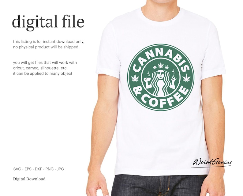 Może przedstawiać: Biały T-shirt z zielonym logo, na kt&oacute;rym widnieje napis "Cannabis & Coffee". Logo jest parodią popularnego logo kawiarni. Logo przedstawia kobietę z długimi włosami trzymającą filiżankę kawy i liść marihuany.