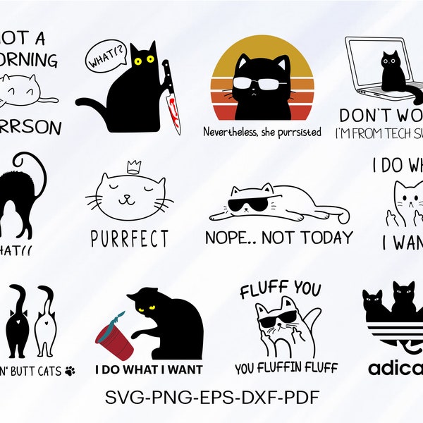 12 Funny Cats Svg Bundle, Cat Shirt Svg Bundle, Cat Svg Bundle, Cat Cut File, Transparent Background, Cut File For Cricut.