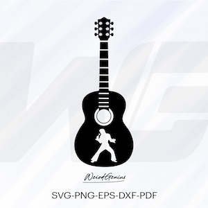May include: Black silhouette of an acoustic guitar with a silhouette of a person singing inside the body of the guitar.