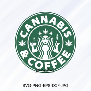 Puede incluir: Logotipo de círculo verde con el texto "Cannabis & Coffee" en blanco. Una mujer estilizada con cabello largo sostiene una taza de café en una mano y una hoja de marihuana en la otra. El logotipo está rodeado de tres hojas de marihuana.