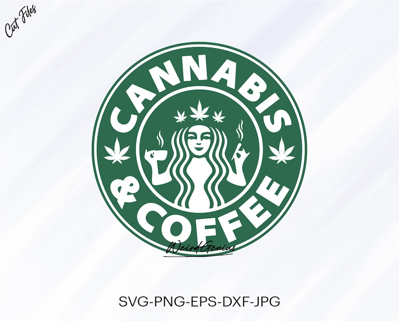 Może przedstawiać: Zielone logo w kształcie koła z tekstem "Cannabis & Coffee" w kolorze białym. Stylizowana kobieta z długimi włosami trzyma w jednej ręce filiżankę kawy, a w drugiej liść marihuany. Logo jest otoczone trzema liśćmi marihuany.