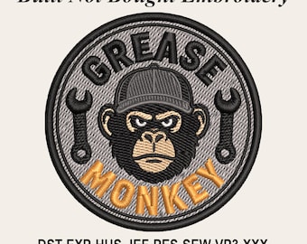 Grease Monkey Machine Embroidery Design, Funny Mechanic Patch, Garage Monkey Embroidery File, Automotive Gift