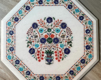 Handmade White Marble Inlay Table Top  Floral Vase Octagonal Side Table || 18x18x18 inches||