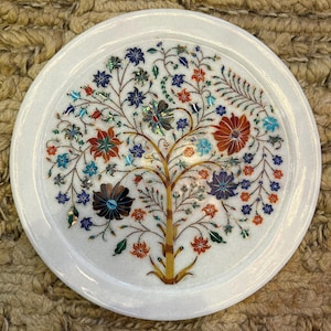 Tree of Life Marble Tray – 12x12" White Marble Inlay with Floral Gemstone Art | Handmade Pietra Dura Decor from Agra