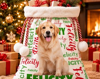 Personalized Santa Sack, Custom Dog Photo Gift Bag, Pet Name Christmas Drawstring Bag, Present Sack for Dog Lovers, Holiday Drawstring Bag