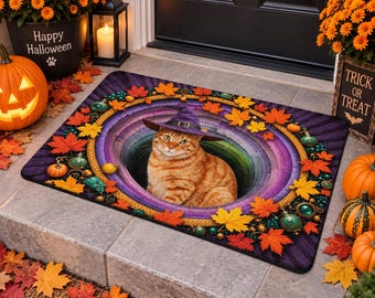 Custom Halloween Pet Doormat, Personalized Cat Portrait Welcome Mat, Witch Cat Door Mat, Autumn Home Decor, Unique Cat Lover Gift