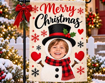 Custom Photo Christmas Garden Flag, Personalized Kids Face Snowman Flag, Cute Christmas Outdoor Decoration, Xmas Gift