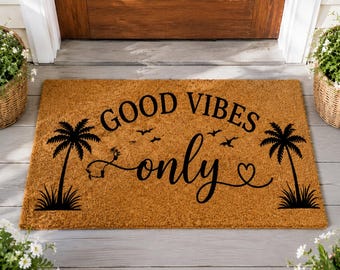 Personalized Housewarming Gift Doormat, Custom Name Welcome Mat, Tropical Palm Door Rug, Outdoor Door Decor, Beach House Gift