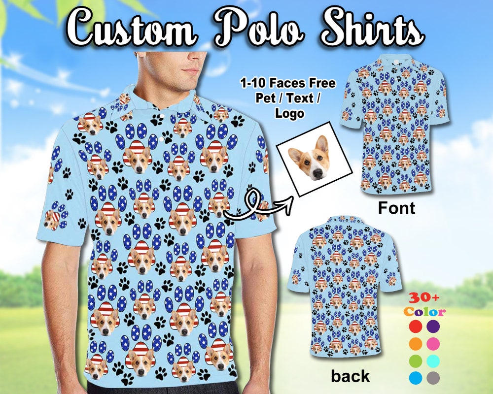 Custom Face Polo Shirt For Men,Personalized Short Sleeve Golf Shirt,With Us Flag Printed Shirt,Pet Lovers Polo Shirt,Custom Birthday Gifts Amitytees