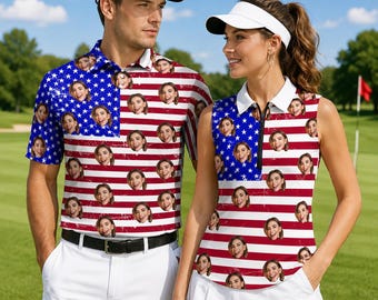 Custom Face Golf Polo Shirt, Personalized American Flag Golf Shirt, Funny Couple Matching Golf Outfit, Golf Lover Gift