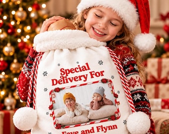 Personalized Christmas Santa Sack, Custom Kids Photo Gift Bag, Christmas Drawstring Bag with Name, Christmas Keepsake for Kids
