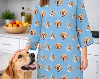 Personalized Pet Face Pajama Dress, Custom Dog Cat Sleepwear, Women's Nightshirt