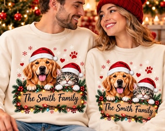 Custom Christmas Pet Sweatshirt, Personalized Pet Photo Crewneck, Dog Cat Holiday Sweater, Custom Family Name Christmas Gift