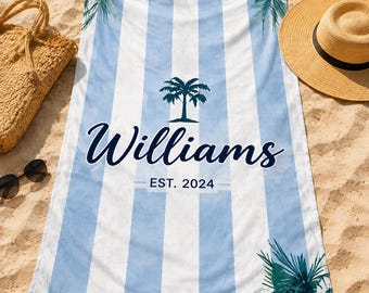Personalized Beach Towel Custom Name Towel, Blue Stripe Pool Towel, Tropical Summer Beach Gift, Custom Family Vacation Towel
