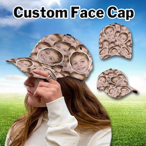 May include: A brown baseball cap with a pattern of many faces. The cap has a curved brim and an adjustable strap. The text "Custom Face Cap" is displayed above the cap.
