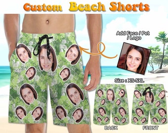 Customize Face Shorts ,Personalized Men's Swim Trunk, Hawaiian Floral Print Shorts ,Photo Beach Bathing Swimwear, for Him Anniversary Gifts