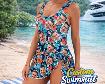 Custom One-Piece Swimsuit with Face: Personalized Summer Party Bikini, Hawaiian Swimsuit Skirt, Gift for Her