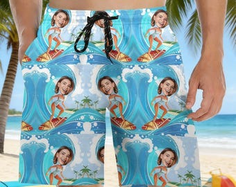 Personalized Face Swim Trunks, Custom Men's Bathing Suit, Photo Beach Shorts