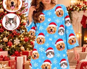 Custom Pet Face Christmas Sleep Shirt, Personalized Dog Cat Photo Nightshirt, Cute Holiday Sleepwear, Christmas Gift for Women, Xmas Gift
