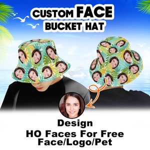 Custom Face Hawaiian Bucket Hat, Personalized Wide Brim Outdoor Summer Hat, Custom Photo Beach Holiday Hat, Gifts for Boyfriend, Adults Hat