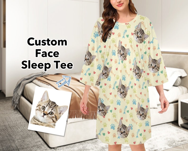 Custom Cat Face Sleepshirt Funny Personalized Nightshirt With Etsy