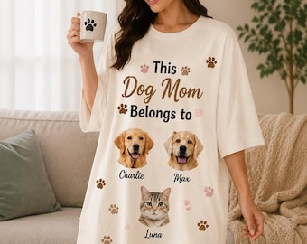 Custom Dog Mom Oversized Sleep Tee, Personalized Pet Face Shirt, Dog Lover Gift, Custom Cat Mom Pajama Dress, Pet Memorial Gift