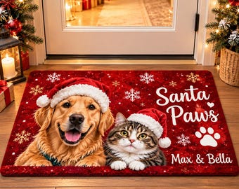 Custom Dog Cat Christmas Doormat, Personalized Pet Name Rug, Santa Paws Holiday Welcome Mat, Christmas Gift for Pet Owners, Photo Xmas Rug