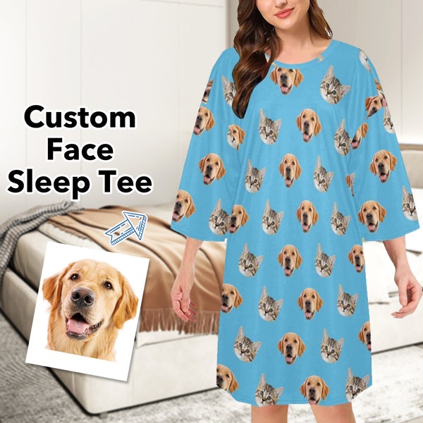 Aangepaste huisdier gezicht Sleepshirt grappig gepersonaliseerde foto nachthemd nachtkleding oversized slaap Tee verjaardag moeder vriendin verjaardag cadeau