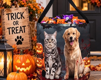Custom Photo Halloween Candy Bag, Personalized Pet Face Trick or Treat Bag, Dog Cat Halloween Tote, Unique Kids Gift