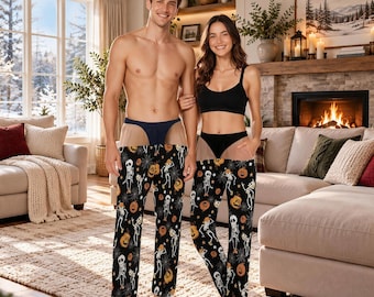 Halloween Matching Pajama Pants, Personalized Skeleton Pumpkin PJs, Spooky Season Sleepwear, Halloween Lounge Pants, Halloween Gift