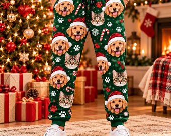 Custom Christmas Jogger Pants, Personalized Pet Pajama Bottoms, Holiday Pet Print Pants, Cozy Christmas Loungewear Gift, Christmas Gift