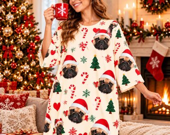 Personalized Christmas Dog Nightgown, Custom Pet Photo Sleep Shirt, Cute Pajama Dress, Oversized Sleep Dress, Christmas Gift for Her