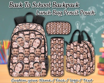 May include: A black backpack, lunch bag, and pencil pouch with a pattern of faces. The text "Back To School Backpack Lunch Bag Pencil Pouch" is at the top of the image. The text "Custom your Name/Face/logo/Text" is at the bottom of the image.