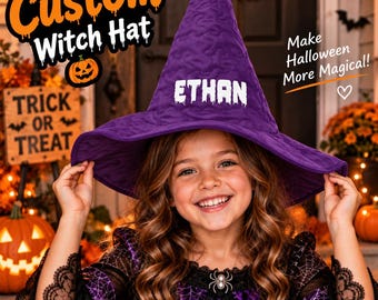 Custom Quilted Witch Hat, Personalized Name Witch Hat for Kids, Purple Halloween Costume Accessory, Witchy Gift for Girls
