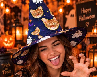 Personalized Quilted Witch Hat, Custom Pet Face Halloween Hat, Photo Witch Costume, Funny Halloween Party Accessory
