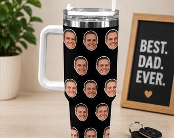 Custom Face Tumbler with Handle, Personalized Photo Mug, Funny Face Travel Mug, 40oz Insulated Cup, Birthday Gift for Him Her