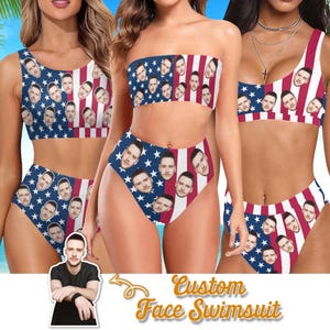 Maillot de bain drapeau américain avec visage personnalisé, ensemble de bikini personnalisé, cadeaux d'enterrement de vie de jeune fille