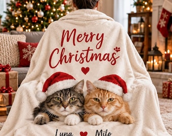 Custom Pet Photo Blanket, Personalized Christmas Cat Blanket, Two Cats Name Throw, Cozy Holiday Gift for Cat Lovers