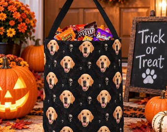 Custom Dog Face Halloween Candy Bag, Personalized Dog Trick or Treat Bag, Kids Halloween Tote, Pet Face Candy Bag