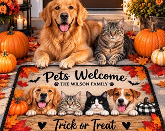 Custom Pet Halloween Doormat, Personalized Dog and Cat Door Mat, Family Name Trick or Treat Mat, Halloween Porch Decor