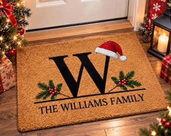 Custom Christmas Welcome Mat, Personalized Family Name Doormat, Initial Monogram Door Mat, New Home Christmas Gift