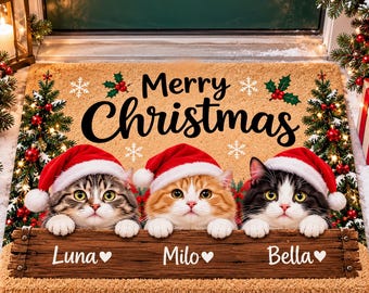 Personalized Christmas Cat Doormat, Custom Cats Name Welcome Mat, Merry Christmas Door Mat, Holiday Porch Decor, Cat Lover Gift