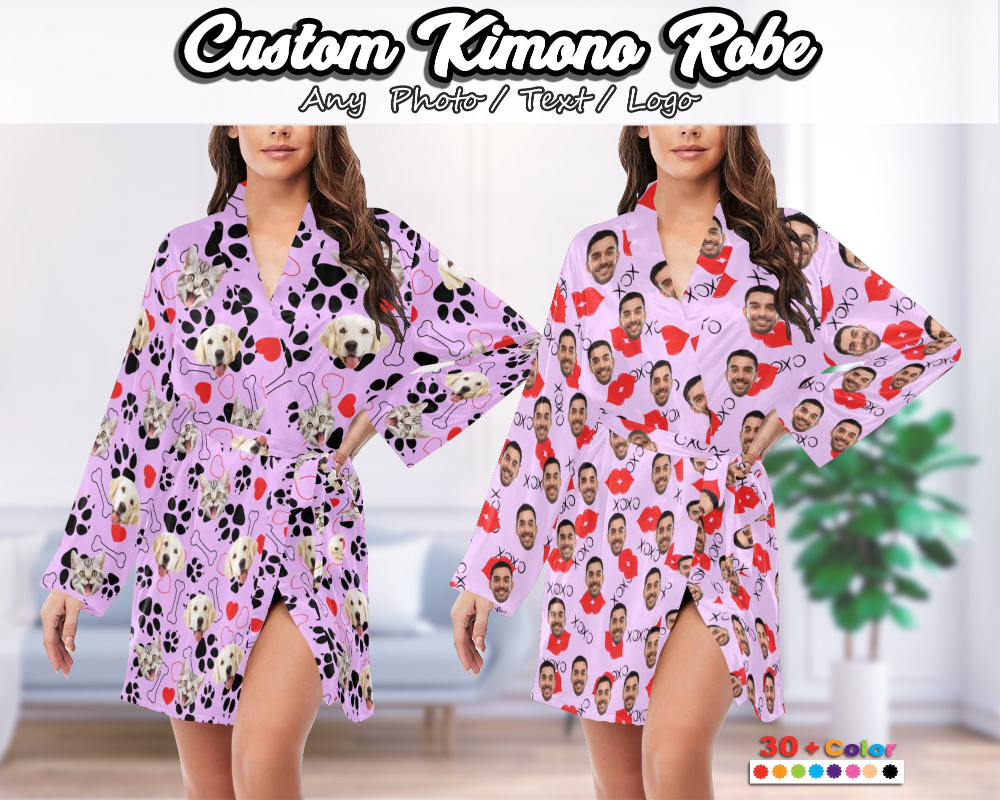 Custom Kimono Robe With Face Personalized Night Robe Women Custom Pet Photo Sleepwear Bathrobe Bridal Logo Bathrobe Christmas Day Gifts Etsy