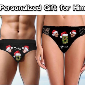 Cuecas Boxer Personalizadas, Presente Personalizado com Estampa de Chapéu de Papai Noel, Cuecas com Rosto para Casais, Cuecas com Letras de Texto, Roupa Interior de Renda Feminina, Presentes de Natal