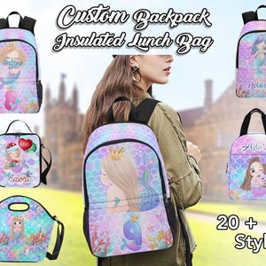 Personalized Mermaid Backpack, Lunch Bag, Custom Kids School Bag, Best Back to School Gifts, Name on School Bag, Custom School Bag With Text