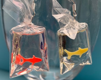 Goldfish in a bag Dangle Earrings, Funky, Fun Earrings, Bespoke Earrings