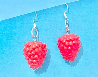 Raspberry Red fruit dangle earrings, fun and funky, quirky and original, cute